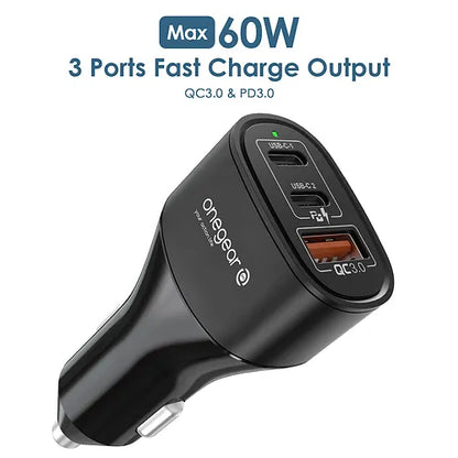 ACTION CAR CHARGER 60W 3 PORTE   (1 USB 2 TYPE-C) caricabatterie auto Onegearpro